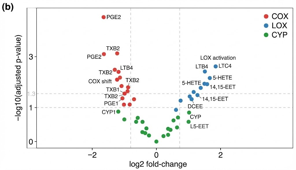 Eicosanoid volcano plot highlighting significant metabolic hits.