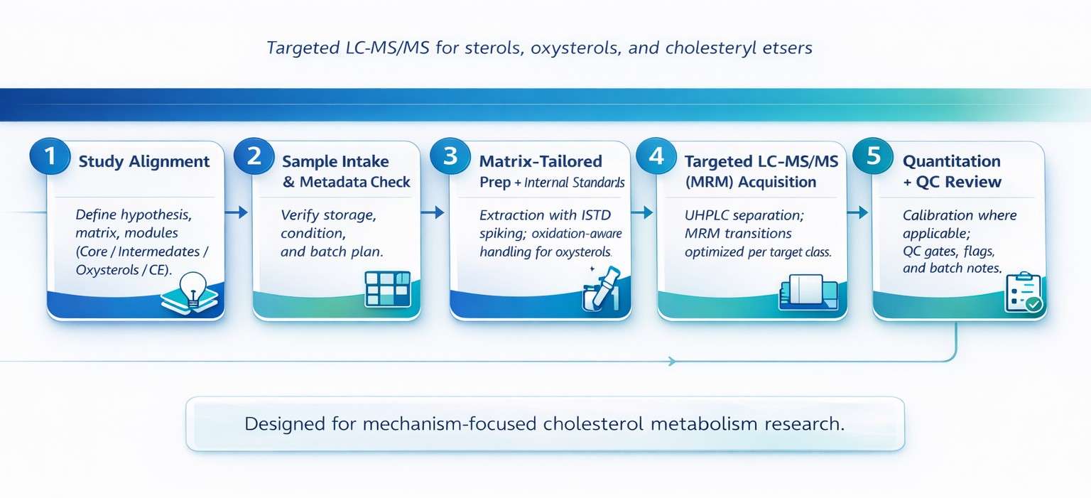 Schematic diagram of the targeted LC-MS/MS workflow for cholesterol and sterol profiling.